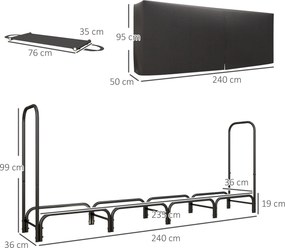 Outsunny Suport pentru Lemne din Metal cu Suport Reglabil, Geantă de Transport și Husă Impermeabilă, 240x36x99 cm, Negru | Aosom Romania