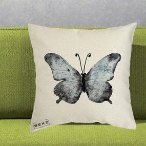 Perna Decorativa Fluture Acuarela Albastru-Gri, 40x40 cm, Ecru, Husa Detasabila, Perna Inclusa, BEKZ®