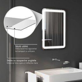 kleankin Oglindă LED, pentru Baie și Machiaj,lumina Reglabilă cu 3 Temperaturi de Culoare, Design anti-aburire, 70x50 cm, Argintiu | Aosom Romania