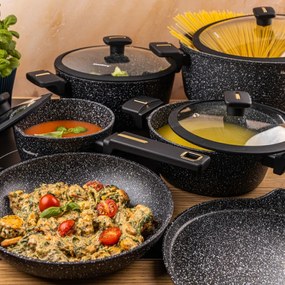 Set de oale și tigăi Klausberg KB 7966, 12 bucăți, Turnat, Acoperire antiaderentă din marmură, Inducție, Negru