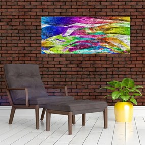 Tablou - Zid de cărămidă cu flăcări colorate (120x50 cm)