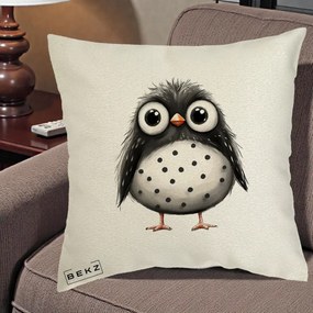Perna Decorativa Bufnita Neagra cu Buline Albe, 40x40 cm, Ecru, Husa Detasabila, Perna Inclusa, BEKZ®