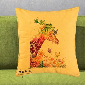 Perna Decorativa Girafa Curcubeu Acuarela, 40x40 cm, Galben, Husa Detasabila, Perna Inclusa, BEKZ®