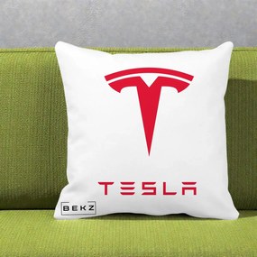 Perna Personalizata cu emblema Tesla, 40x40 cm, Alba Mata, Husa Detasabila, Perna Inclusa, BEKZ®