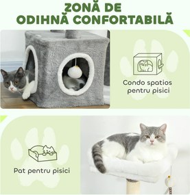 PawHut Ansamblu de joacă zgârietoare pentru pisici cu căsuță, pat și 2 mingi, din lemn și pluș, 55x40x107 cm, gri și alb | Aosom Romania