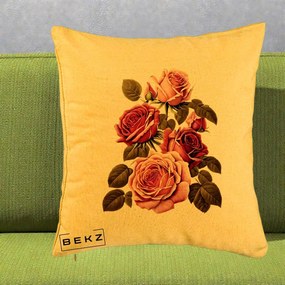 Perna Decorativa Trandafiri Vintage Roz-Rosii, 40x40 cm, Galben, Husa Detasabila, Perna Inclusa, BEKZ®