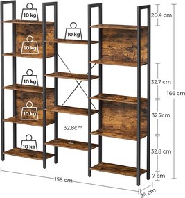 RAI51 - Rafturi, etajera 158x24x166 cm, pentru birou, biblioteca living, hol, dormitor, bucatarie, camera copii, stil industrial - Maro