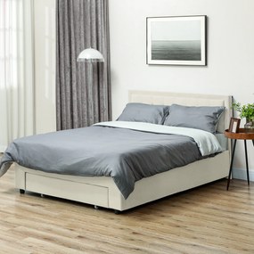 HOMCOM Cadru de pat dublu cu somieră și spațiu de depozitare pe pistoane, sertar pe roți, tăblie reglabilă capitonată efect velur, crem | Aosom Romania