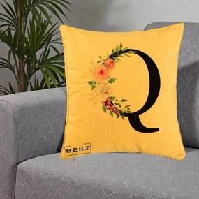 Cadou Personalizat - Perna Personalizata Monograma Florala Litera Q, 40x40 cm, Galben, Husa Detasabila, Perna Inclusa, BEKZ®
