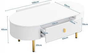 Masă de cafea cu 2 sertare, colțuri rotunjite, mânere și picioare aurii, 108x50x40 cm, Alb