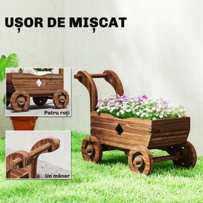 Outsunny Strat Înălțat pentru Grădină în Formă de Cărucior cu 4 Roți și Mâner, Ghiveci din Lemn de Molid cu Găuri de Drenaj, pentru Balcon, Terasă, 68x38x52 cm, Finisaj Carbonizat | Aosom Romania