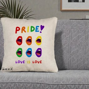 Perna Personalizata Pride Love is Love Curcubeu, 40x40 cm, Bej Canapea, Husa Detasabila, Perna Inclusa, BEKZ®