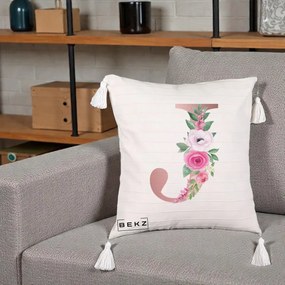 Cadou Personalizat - Perna Personalizata Monograma Rose Gold Litera J, 40x40 cm, Bej cu Franjuri, Husa Detasabila, Perna Inclusa, BEKZ®