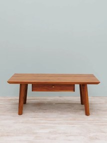 Măsuță de cafea dreptunghiulară din lemn de acacia, maro, cu sertar și picioare înclinate, finisaj satinat, 45 x 120 x 65 cm, „District”