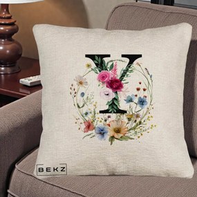 Cadou Personalizat - Perna Personalizata Monograma Florala Litera Y cu Coroana, 40x40 cm, Bej Canapea, Husa Detasabila, Perna Inclusa, BEKZ®