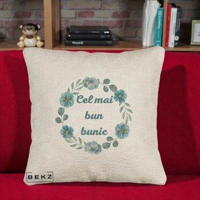 Cadou pentru Bunic - Perna Personalizata Cel Mai Bun Bunic Coronita Flori Albastre Teal, 40x40 cm, Bej Canapea, Husa Detasabila, Perna Inclusa, BEKZ®