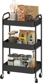HOMCOM Cărucior multifuncțional mobil pentru bucătărie, 3 rafturi, 4 roți, 45 cm x 30,6 cm x 79 cm, Negru | Aosom Romania