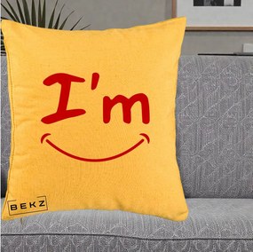 Perna Decorativa I'm Happy Smile, 40x40 cm, Galben, Husa Detasabila, Perna Inclusa, BEKZ®