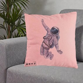Perna Decorativa Astronaut Acuarela Zbor, 40x40 cm, Roz, Husa Detasabila, Perna Inclusa, BEKZ®