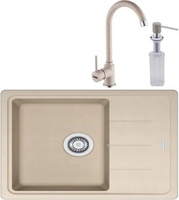 Set chiuveta bucatarie compozit Franke Basis 1 cuva cu picurator 62x50 cm reversibila finisaj bej mat cu baterie si dozator detergent