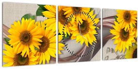 Tablou - Flori strălucitoare de floare soarelui (cu ceas) (90x30 cm)