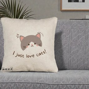 Perna Personalizata I Just Love Cats Pisica Kawaii, 40x40 cm, Bej Canapea, Husa Detasabila, Perna Inclusa, BEKZ®