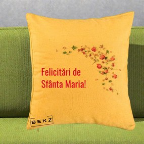 Cadou de Onomastica - Perna Personalizata Felicitari de Sfanta Maria, 40x40 cm, Galben, Husa Detasabila, Perna Inclusa, BEKZ®