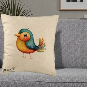 Perna Decorativa Pasare Folk Art Portocalie-Teal, 40x40 cm, Bej, Husa Detasabila, Perna Inclusa, BEKZ®