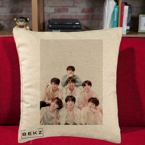 Perna Personalizata K-pop BTS Foto Grup Pastel, 40x40 cm, Bej, Husa Detasabila, Perna Inclusa, BEKZ®