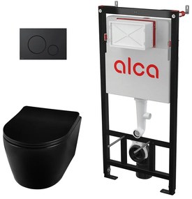Pachet vas wc suspendat Balneo Luxa, capac softclose, rama instalare Alcadrain si clapeta Alcadrain negru mat
