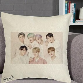 Perna Personalizata K-pop BTS Foto Grup Landscape Pastel, 40x40 cm, Ecru, Husa Detasabila, Perna Inclusa, BEKZ®