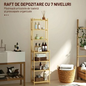 HOMCOM Raft de Depozitare pentru Baie cu 7 Niveluri, 44x33x180 cm, Lemn Natural | Aosom Romania