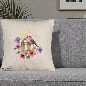 Perna Decorativa Pasare Roz pe Colivie Aurie cu Flori, 40x40 cm, Bej Canapea, Husa Detasabila, Perna Inclusa, BEKZ®