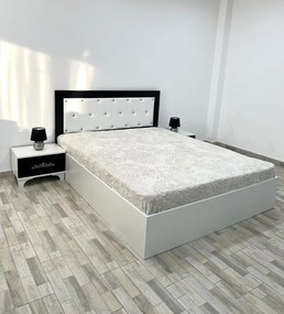 Set pat tapitat Milano, culoare alb / negru, cu 2 noptiere Viena si saltea superortopedica lux 160 x 200 cm