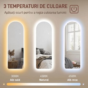 HOMCOM Oglindă de Perete în Formă de Arc cu Iluminare LED, Control Tactil și Sticlă Călită, 40x3x120 cm, Transparentă | Aosom Romania