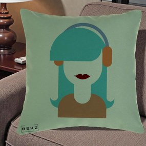 Perna Decorativa Fata cu Casti Muzica Grafic, 40x40 cm, Verde, Husa Detasabila, Perna Inclusa, BEKZ®