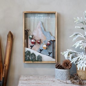 Tablou decorativ vintage din lemn de pin, H51 cm, „Vintage Picture w. Ski Lifts”
