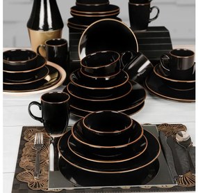 Set de veselă, 30 piese, negru/auriu, din ceramică vitrificată