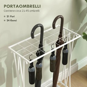 HOMCOM Suport Pentru Umbrele cu Tăviță Colectoare, 21 Orificii, 24 Cârlige, Oțel, 50x24x68 cm, Alb | Aosom Romania