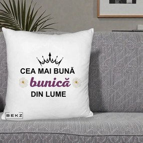 Cadou pentru Bunica - Perna Personalizata Cea Mai Buna Bunica Din Lume Coroana Mov Flori, 40x40 cm, Alb Pufos, Husa Detasabila, Perna Inclusa, BEKZ®