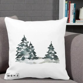 Perna Decorativa Brazi Inzapeziti Acuarela, 40x40 cm, Alba Mata, Husa Detasabila, Perna Inclusa, BEKZ®