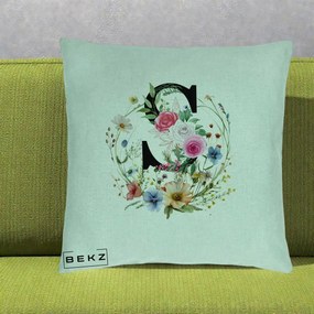 Cadou Personalizat - Perna Personalizata Monogram Litera S cu Flori Acuarela, 40x40 cm, Verde Menta, Husa Detasabila, Perna Inclusa, BEKZ®