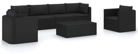 Set mobilier de gradina cu perne, 7 piese, negru, poliratan Negru, 2x colt + 2x mijloc + 2x fotoliu + masa, 1