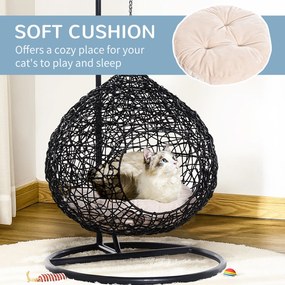 PawHut Cusca Hamac pentru Pisici in PE Rattan cu Perna din Lin si Bumbac Φ60 x 110cm