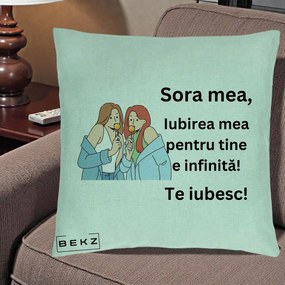 Cadou pentru Sora - Perna Personalizata Sora Mea Te Iubesc Doua Fete cu Acadele, 40x40 cm, Verde Menta, Husa Detasabila, Perna Inclusa, BEKZ®