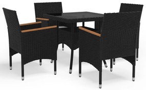vidaXL Set mobilier grădină, 5 piese, negru, poliratan, lemn acacia