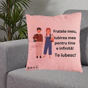 Cadou pentru Frate - Perna Personalizata Fratele Meu Te Iubesc Elevi Ilustratie Colorata, 40x40 cm, Roz, Husa Detasabila, Perna Inclusa, BEKZ®