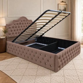 Pat tapițat Chesterfield din catifea Imperio Deluxe 180×200 cm, cappuccino, cu ladă de depozitare