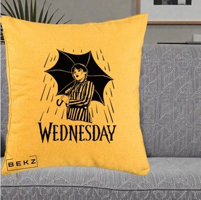 Perna Personalizata Wednesday cu Umbrela Ploaie Lineart, 40x40 cm, Galben, Husa Detasabila, Perna Inclusa, BEKZ®