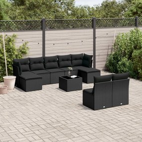 3250114 vidaXL Set canapele de grădină cu perne, 10 piese, negru, poliratan